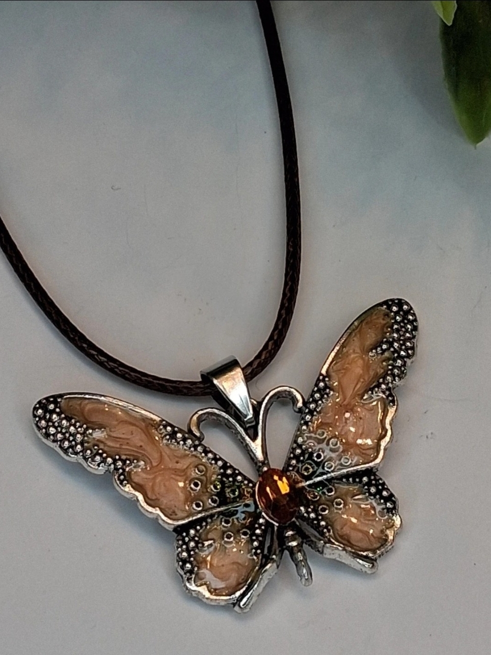 Light Brown Tan Butterfly Pendant Necklace with Central Rhinestone